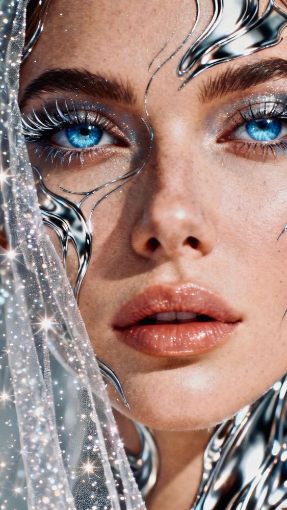 A stunningly beautiful woman in an intimate close-up, her face partly hidden by a delicate, twinkling veil that shimmers like stardust. Her piercing blue eyes glow with mesmerizing intensity, framed by hyper-detailed lashes and radiant skin. The veil catches the light in a matrix-like cascade of hybrid metallic tones—silvers, chromes, and liquid steel hues flowing across her features in intricate, futuristic patterns. Ultra realistic rendering with cinematic clarity, every pore and reflection finely detailed, creating an ethereal yet powerful aura. High-definition photography aesthetics, softly diffused lighting, photoreal precision, surreal elegance blending fashion and sci-fi mystique.