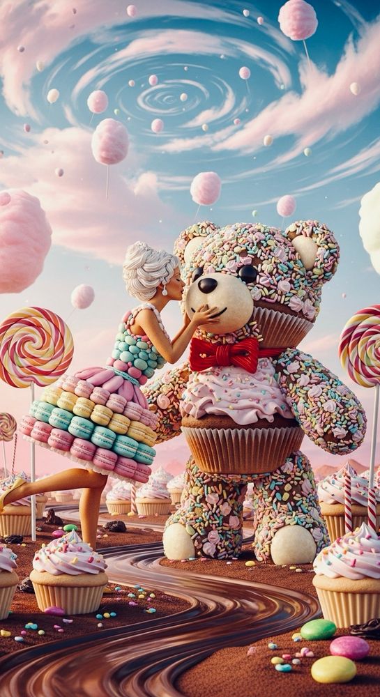 Woman teddy bear kisses confectionary surreal vibe feels