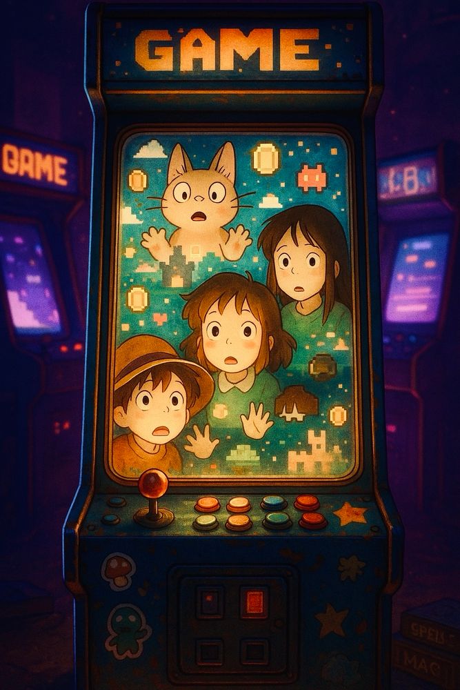 Studio Ghibli-style characters—whimsical, expressive, and dreamlike—trapped inside a glowing vintage arcade machine from the 1980s, surrounded by pixelated landscapes, neon lights, and retro game icons. The characters peer out through the glass screen with wide eyes—some curious, others anxious or playful—as digital elements like floating coins, pixel hearts, and 8-bit monsters swirl around them. The arcade machine is worn, with colorful stickers and glowing buttons, set in a dimly lit room filled with other arcade cabinets and dusty magic books, blending old-school gaming with fantastical charm. Soft cinematic lighting, dreamy color palette, highly detailed, magical realism, animated film still, 85mm lens, shallow depth of field.