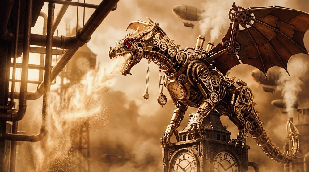 Mechanical dragon made of brass gears, clock faces, and pendulums, breathing glowing sand instead of fire, steampunk fantasy.