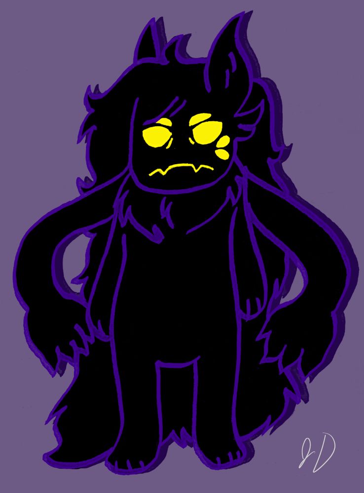 A shadow person with purple outlines and yellow eyes. They have a second set of arms coming out of their back. 