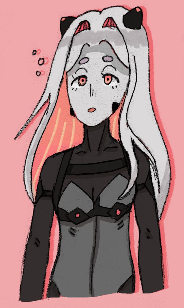 Kalypso, a woman with white skin and hair and a pink undercut. She wears a black bodysuit with a sci-fi motif, and has high-tech-looking horns growing out of her head.