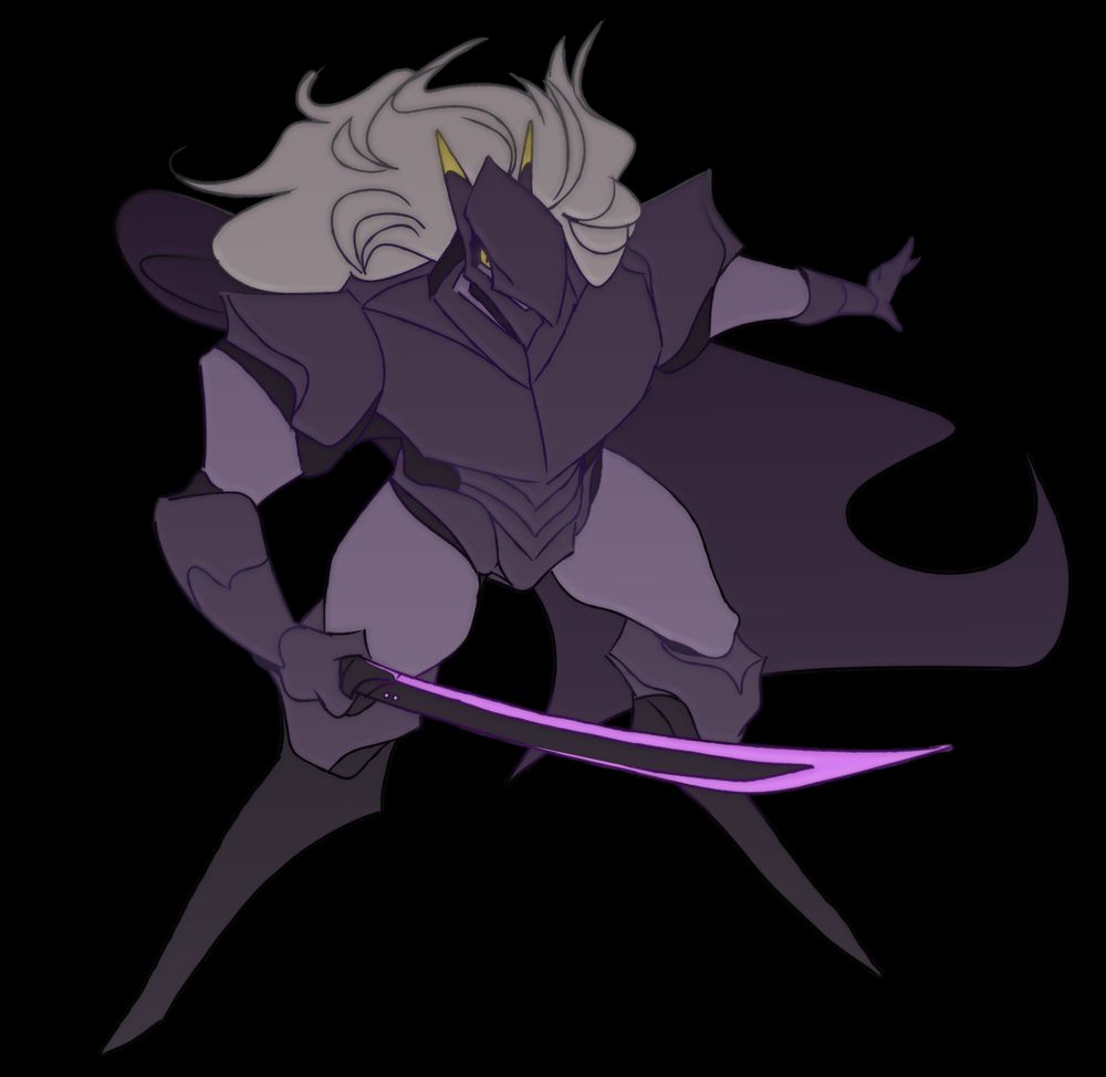 A robot woman clad in purple armor. She has flowing white hair and a dark cape. In her right hand, she holds a high-tech katana. 