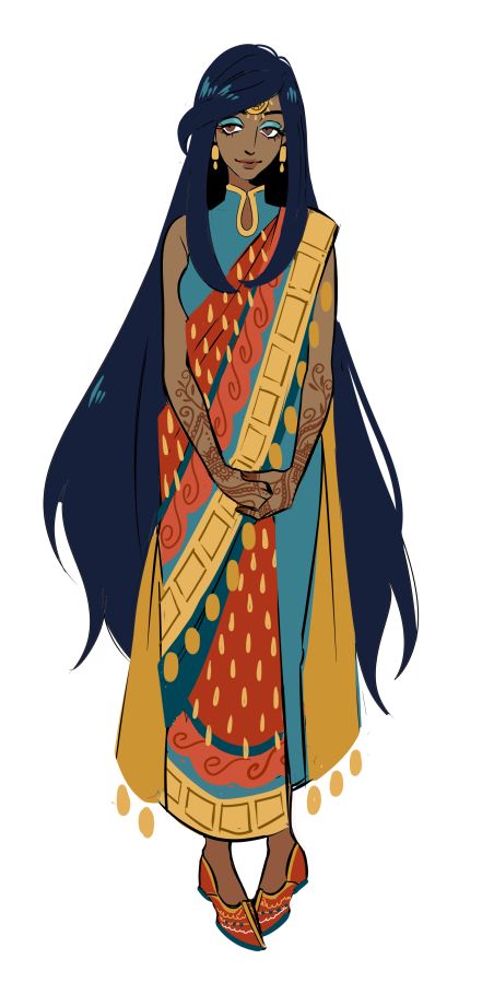 An Indian woman wearing a red, blue, and yellow sari. She has long, flowing dark blue hair and wears golden jewelry. Henna tattoos run up and down her arms. 