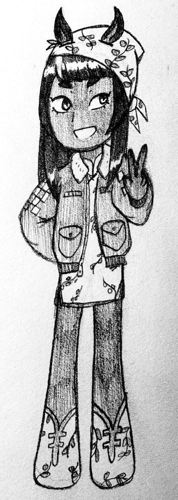 A pencil sketch of my Uma Musume oc, Shanghai Bobby. She’s a dark-skinned horse with a black hime cut, which has a single white streak of hair in her bangs. She wears a bandanna over it. Her racing outfit is a qipao with a bomber jacket worn over it. She gives a peace sign to the camera. 