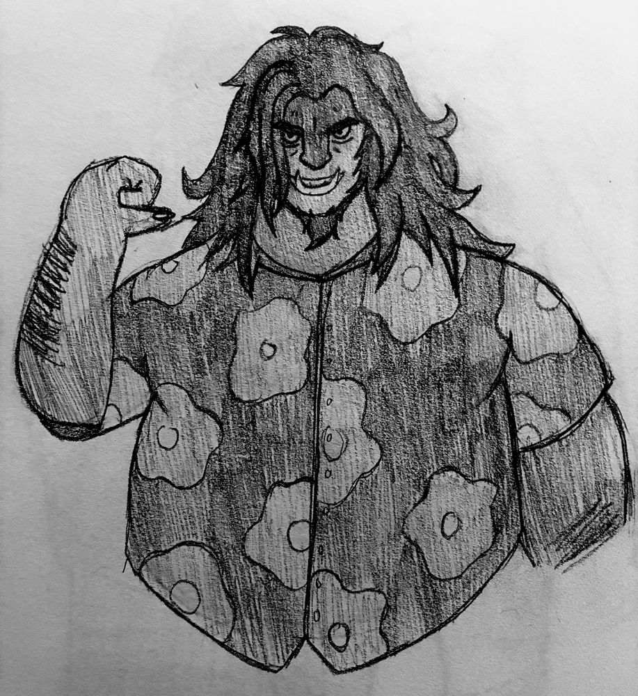 A pencil sketch of my oc Kujata (she/he) a large, dark skinned butch woman with long hair and a beard. She’s wearing a Hawaiian shirt and flexing one arm. 