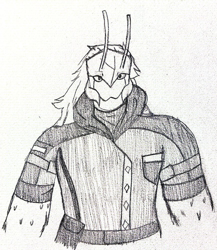 A drawing of Paracelsus (he/him) my Arknights oc. He’s an aegir based on a yeti crab
