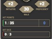 Dnd character sheet reflecting 1 of 35 hit points remaining.