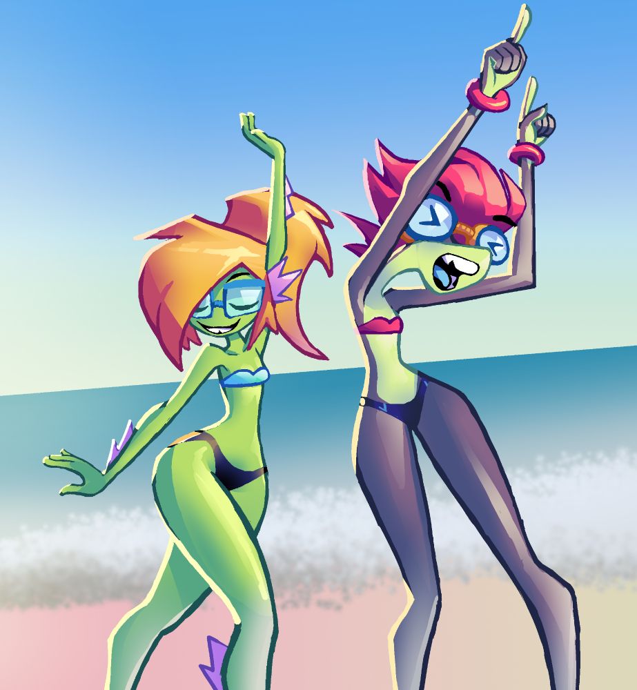 A digital drawing of Pris, a fish girl, and Hedy, a shark-like girl, both dancing on the beach while wearing swimming goggles