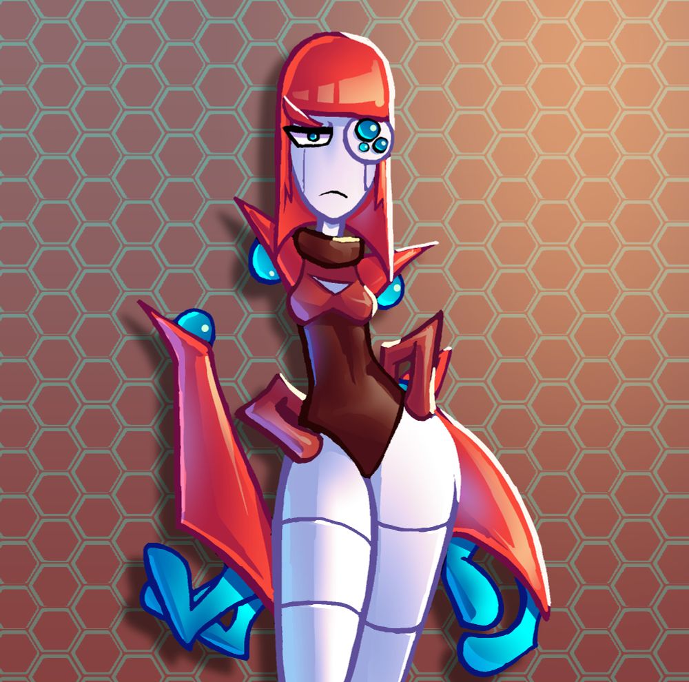 A digital drawing of LOR-1A, a robot girl leaning against a wall and looking annoyed at the viewer