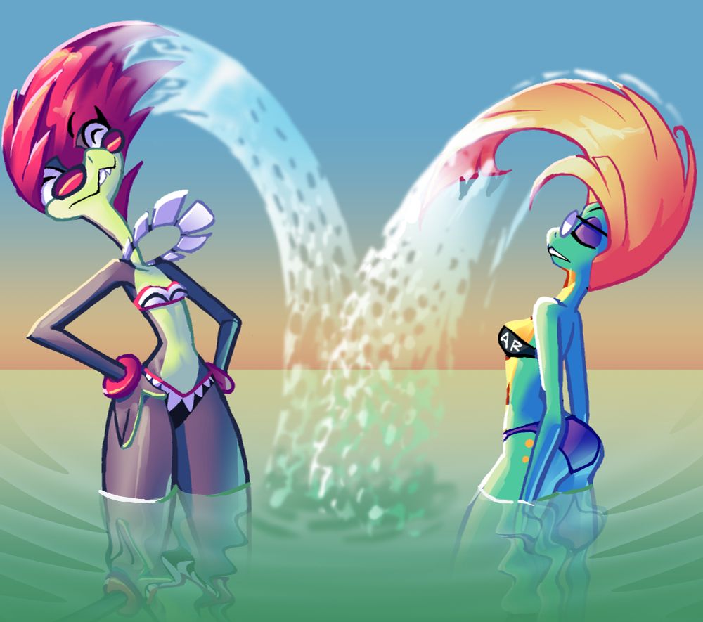 Hedy, a shark-like girl, standing in sea water with Mosh, a frog girl. They have both dipped their hair in the water and thrown their heads back to arc the water through the air. 