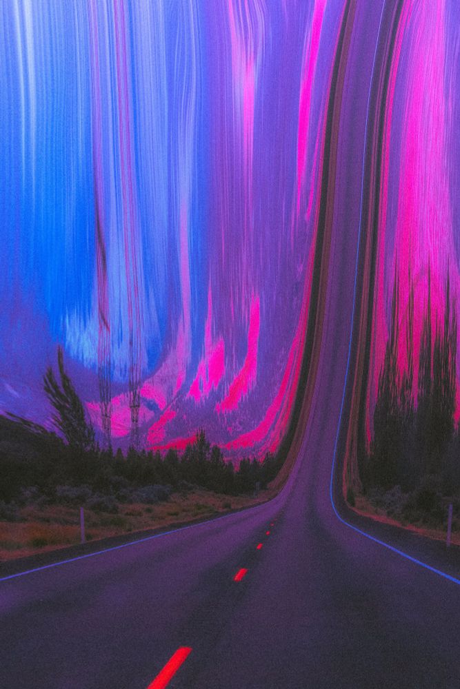 Warped highway launching up into deep pinks and blues