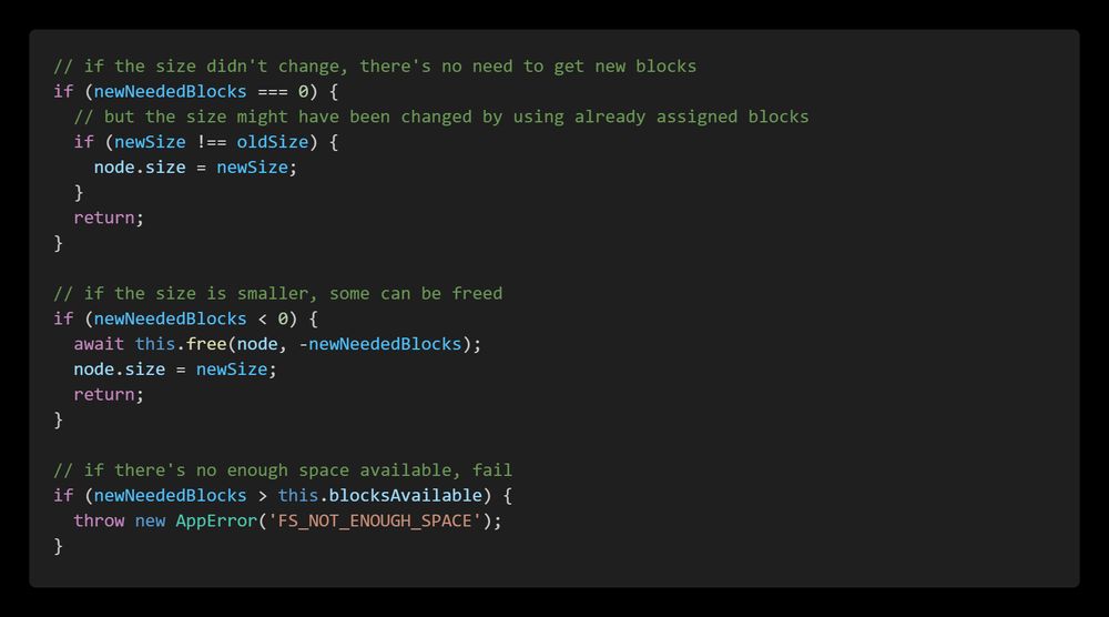 JS Code simulating the space allocation in an in-game filesystem.