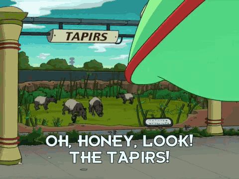 Futurama planet express ship in bright green, at the zoo and looking at 4 tapirs (cartoon)