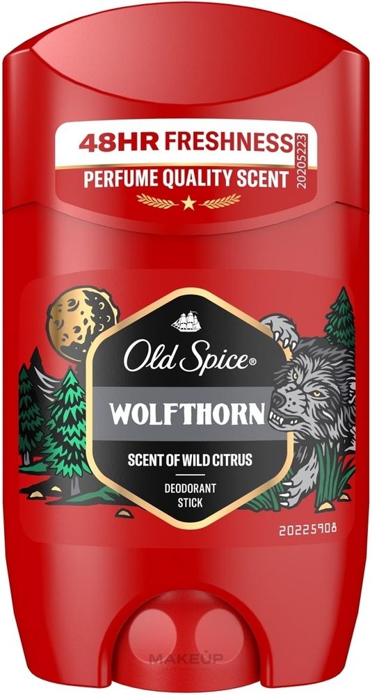 A red plastic 'Old Spice' deodorant. The label says 'Old Spice' followed by 'WOLFTHORN' and underneath that 'Scent of wild citrus'. 