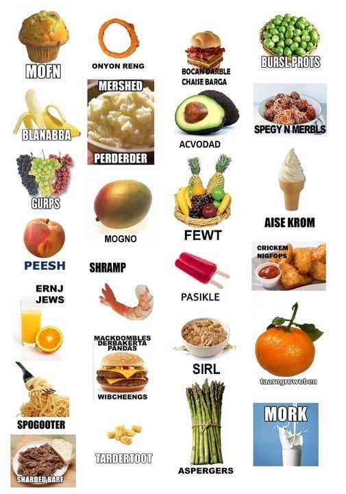 Several foods - with spellings as if pronounced by Carman from the animated series 'South Park' Some examples are: Muffin - MOFN Orange Juice - Ernj Jews Popsicle - Pasikle Spaghetti & Meatballs - Spegy N Merbls 