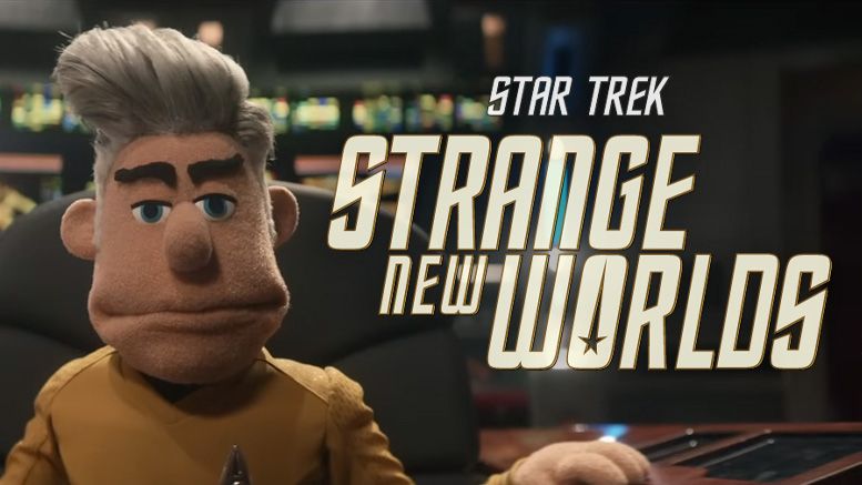 Captain Pike as a muppet-like puppet in the captain's chair on the bridge of the Enterprise