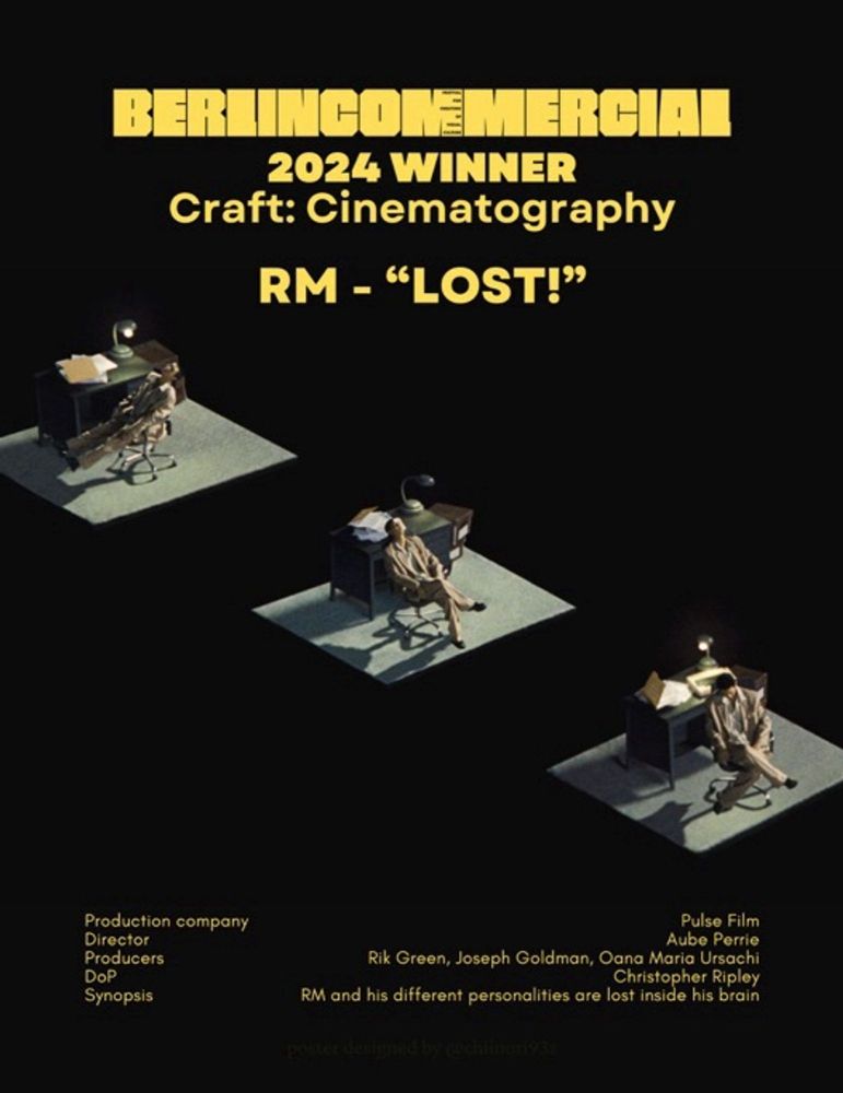 Black background with large golden letters saying 2024 Winner Craft: Cinematography RM - "LOST" . Underneath are pictures of Namjoon from the LOST! MV and the names of people who helped make the mv