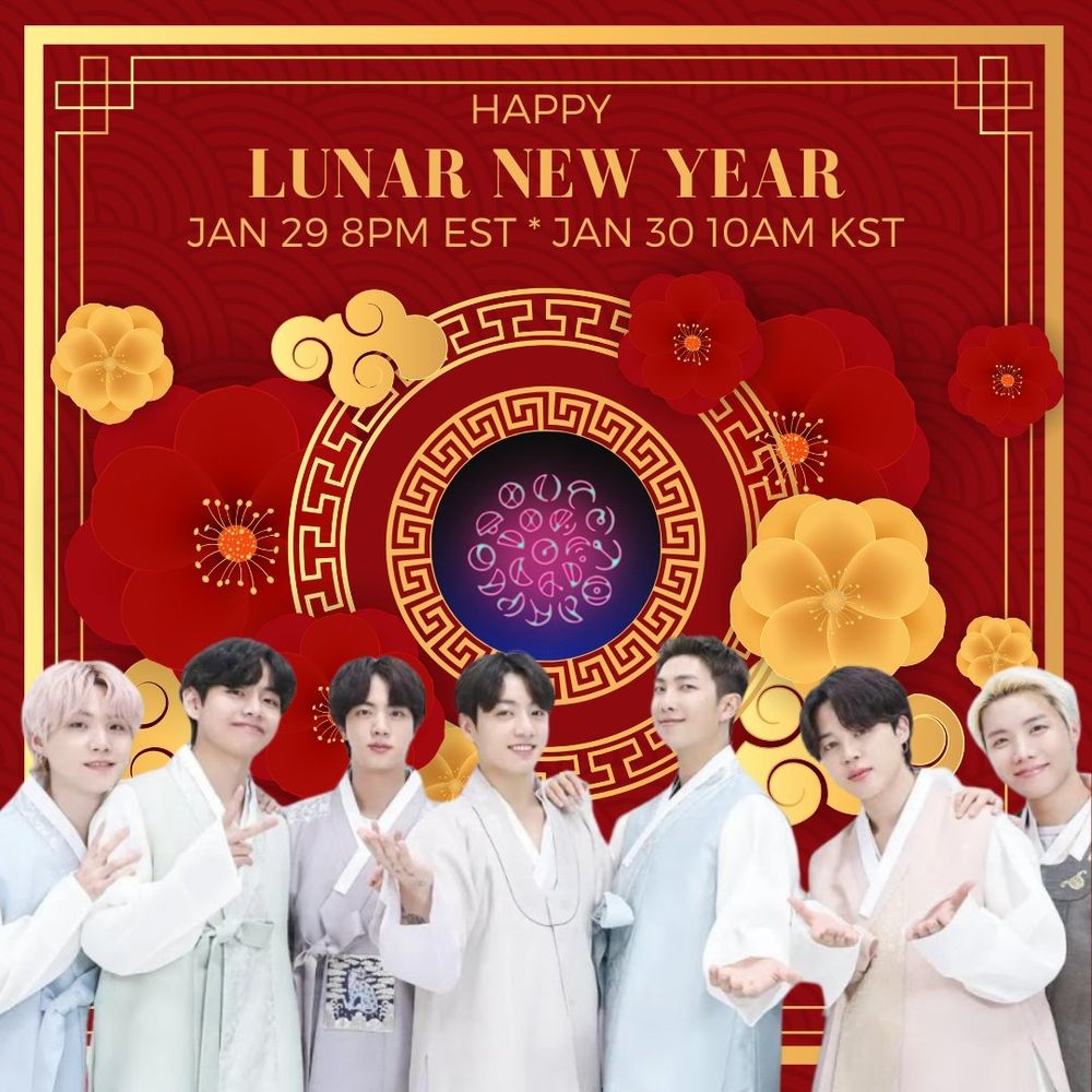 Poster promoting a Lunar New Year streaming party. It's a bright red background with bright gold letters and BTS in hanbok at the bottom. The party is January 29th 8PM EST/ January 30th 10AM KST