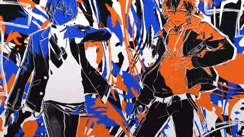 two anime characters are standing next to each other in front of a colorful background .