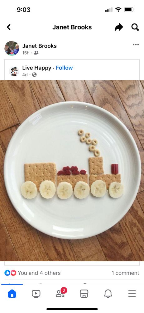 A repost by my former piano teacher and close friend’s mom showing a creative positioning of breakfast foods into a choo-choo train: graham cracker cars, banana slice wheels, cheerio smoke, and raspberry cargo