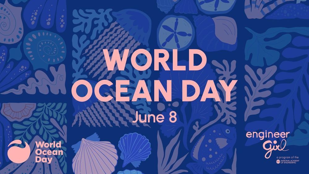 Blue background with illustrations of ocean plants and creatures. Text reads "World Ocean Day; June 8"