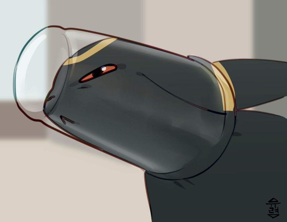 The pokemon Umbreon with its head stuck in a glass like a cat. This expresses my self inflicted distress over wanting to buy wigs.