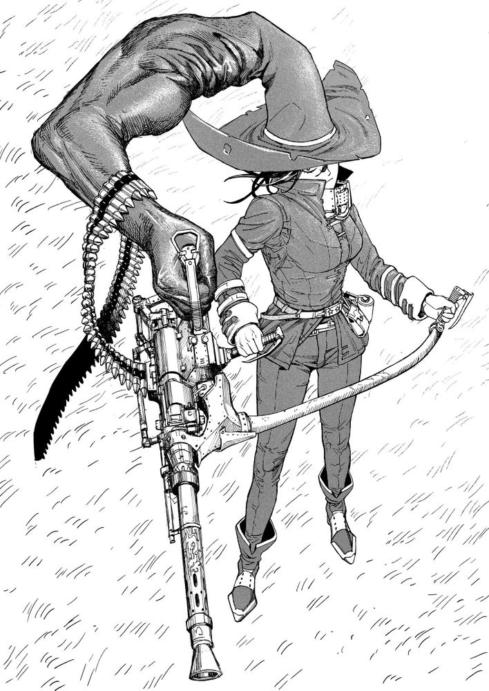 A witch with an arm growing out of her hat holding a heavy machine gun.