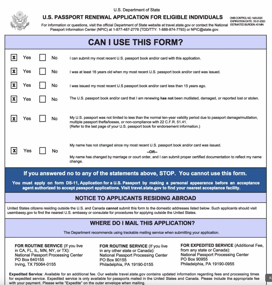 A passport form, ready to submit to the US State Department.