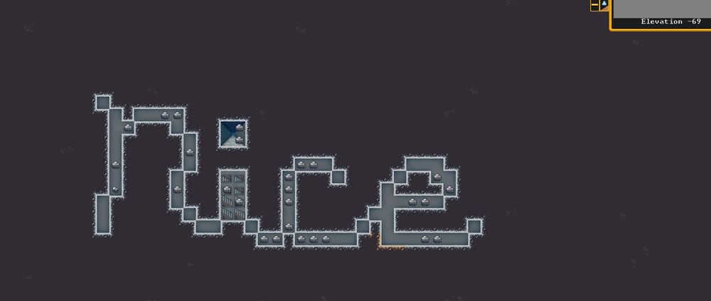 a screenshot from dwarf fortress, showing only a piece of UI indicating "Elevation -69." On the map, tunnels have been dug in the shape of the cursive word 'Nice'