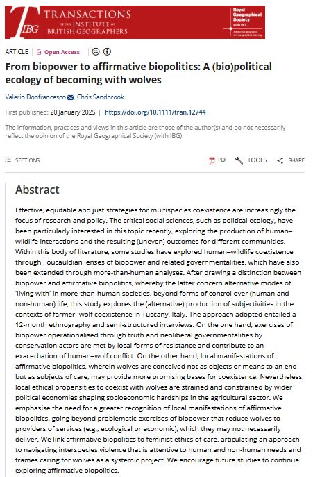 Screenshot of a paper abstract in Transactions by Valerio Donfrancesco & Chris Sandbrook (2025) entitled 'From biopower to affirmative biopolitics: A (bio)political ecology of becoming with wolves' with a red banner at the top.