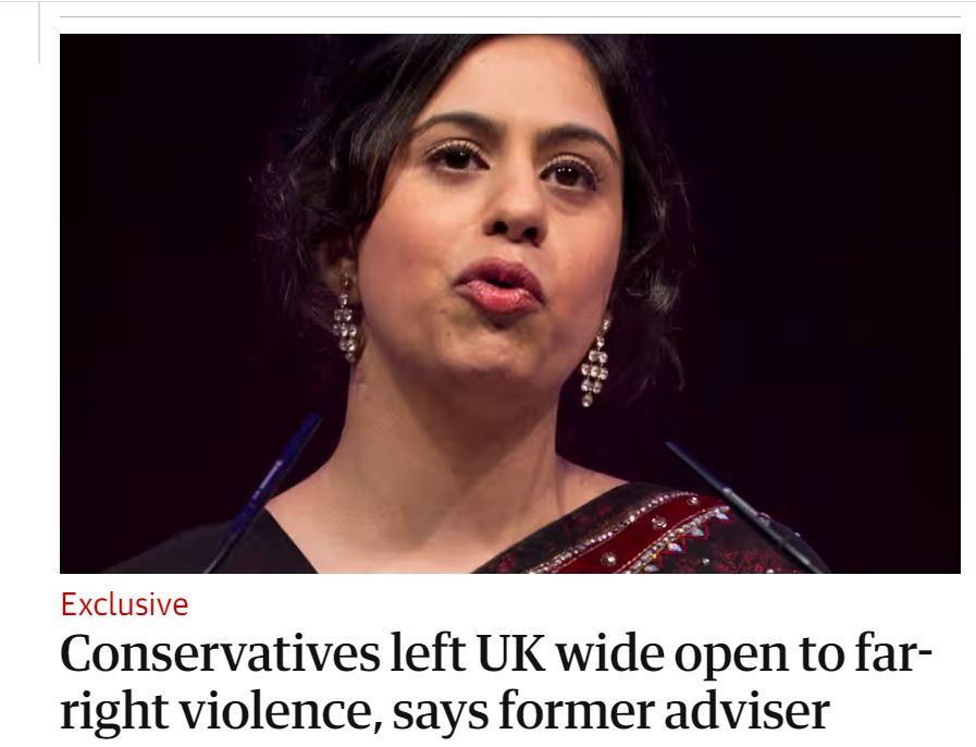 A newspaper headline from the Guardian reading: "Conservatives left the UK wide open to far-right violence, says former adviser".