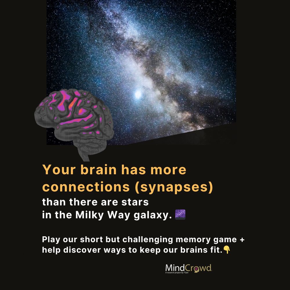 Your brain has more connections (synapses) than there are stars in the galaxy. 🌌 

🧬👍 Explore your Brain. Explore your Mind.

Play our short but challenging memory game 👉mindcrowd.org + help discover ways to keep our brains fit.

⭐️Keeping our cognitive skills as we age would improve our quality of life.

#MindCrowd #BrainFacts #TheMoreYouKnow