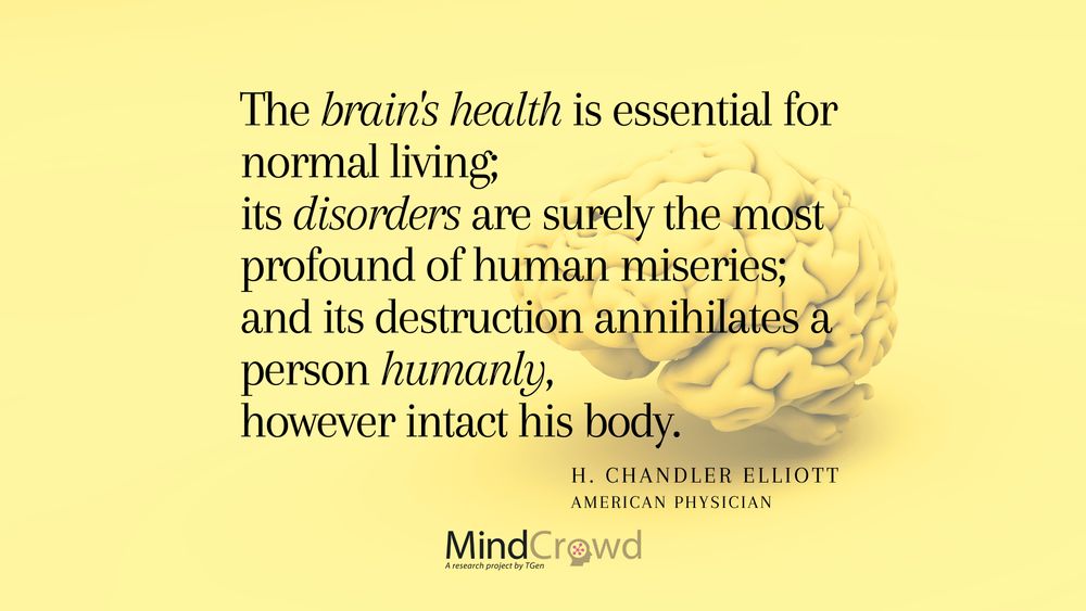 "The brain's health is essential for normal living"
- H. Chandler Elliott

🤞 Would you like scientists to find out how to protect our brains from memory loss as we age?🧬🧠

☑️ Participate in the #MindCrowd brain research 👉 mindcrowd.org 🙏🙏🙏

#BrainHealth #MondayThoughts #quotes 