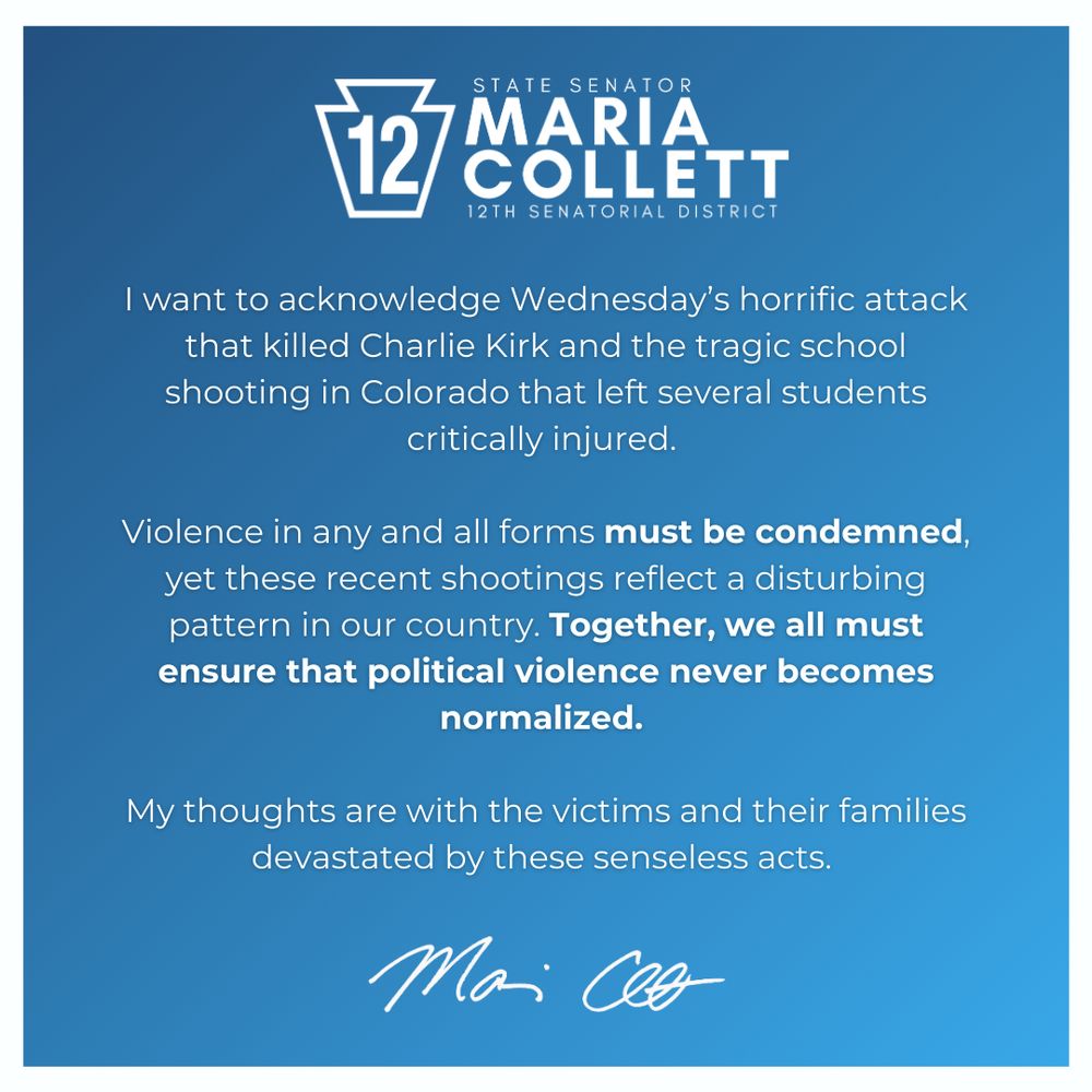 I want to acknowledge Wednesday's horrific attack that killed Charlie Kirk and the tragic school shooting in Colorado that left several students critically injured. Violence in any and all forms must be condemned, yet these recent shootings reflect a disturbing pattern in our country. Together, we all must ensure that political violence never becomes normalized. My thoughts are with the victims and their families devastated by these senseless acts.  