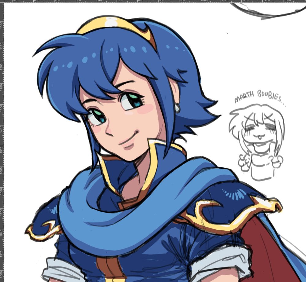 A digital illustration of Marth from Fire Emblem as a girl smiling at the viewer. A small doodle of Caeda is behind her with the text “MARTH BOOBIES” written above.