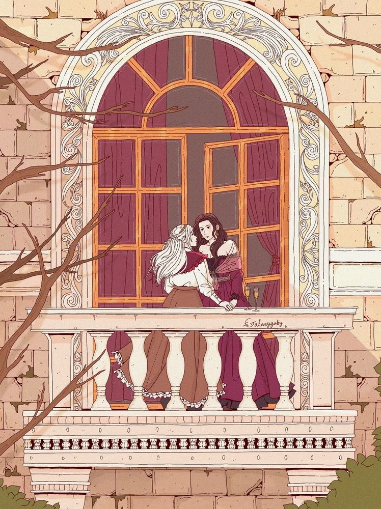 illustration of edelgard and dorothea standing and looking into each others eyes on a balcony with an intricate doorway behind them. 