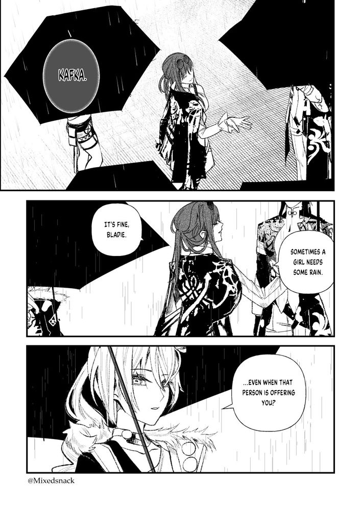 Blade chided Kafka for being in the rain, when others have umbrellas. Silver Wolf said someone offering an umbrella for her...