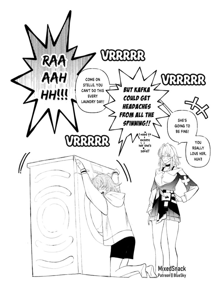 Showing young Stelle hugging a wash machine, shouting. March 7th told her she can't do this every laundry day, which Stelle replied she just wanted to ensure Kafka is safe and worry if Kafka could get headaches from all the spinning. March 7th laughed, "you really love her huh?"