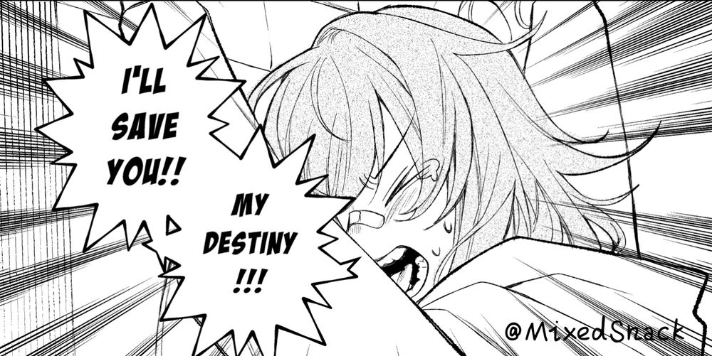 Showing young Stelle's expression, "I'll save you, my destiny!"