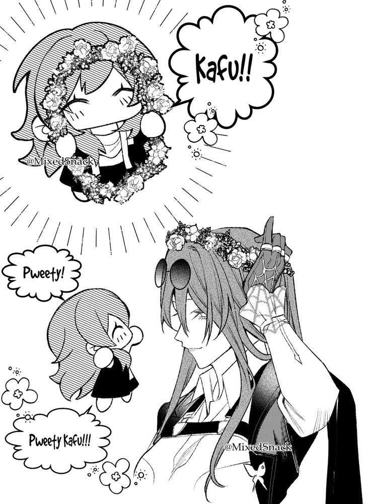 Adorable chibi Stelle gave a flower crown to Kafu (Kafka)