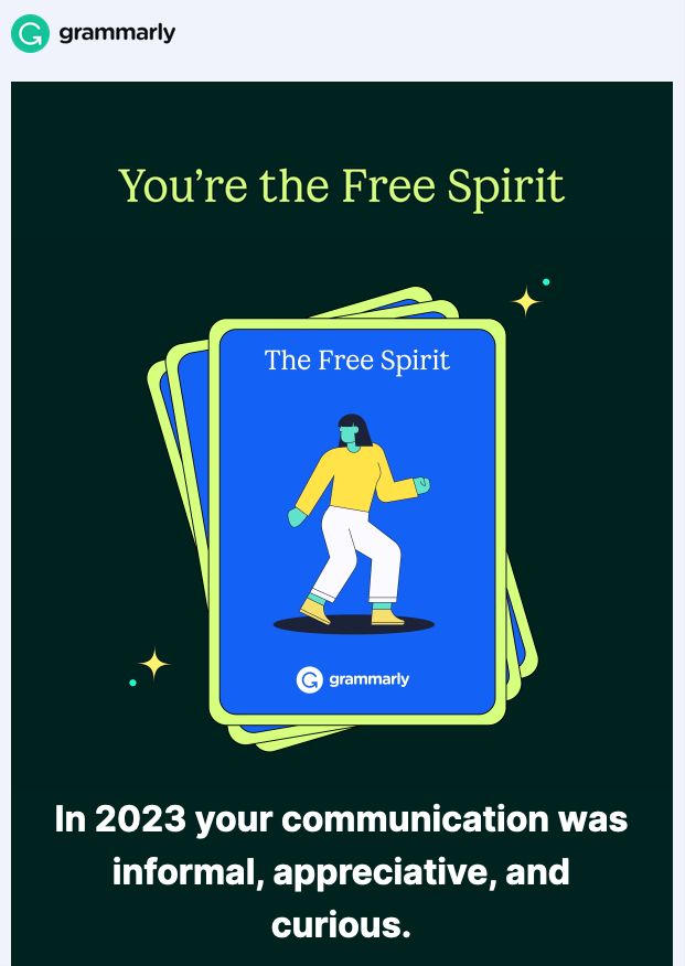 Screenshot of an email saying "You're the Free Spirit - In 2023 your communication was informal, appreciative, and curious."