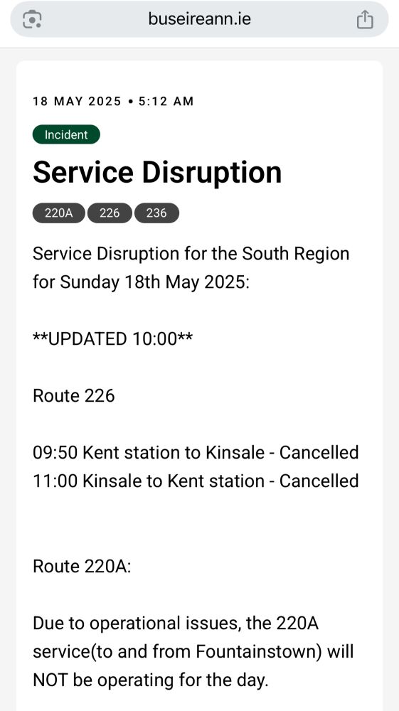 All buses to Fountainstown are cancelled. As well as some to Kinsale
