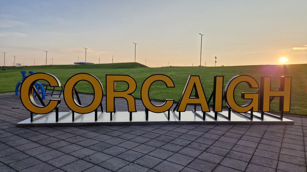 Yellow lettering "CORCAIGH" from Cork Airport's old terminal 