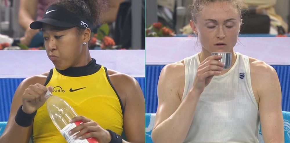 Changeover splitscreen. Osaka drinking water, Sasnovich enjoying a hot beverage frem a thermos mug