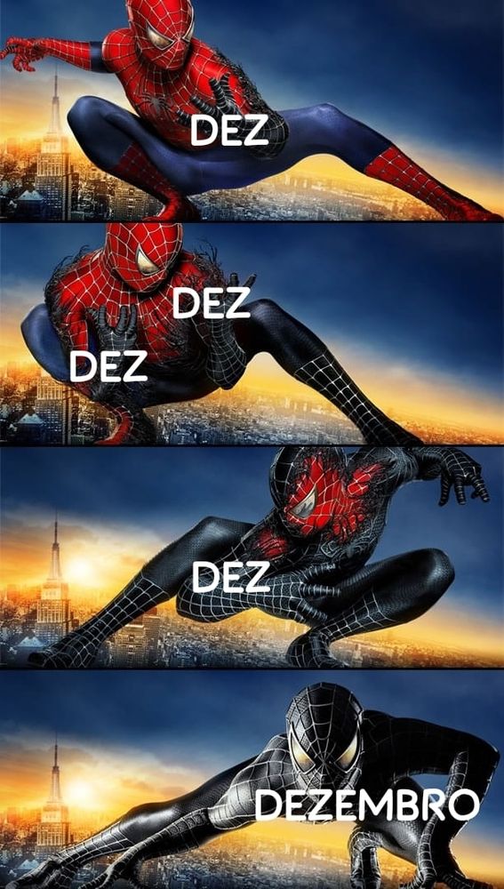 Sao quatro imagens empilhadas do homem aranha do filme Homem Aranha 3 tenho o uniforme vermelho sendo revestido pelo uniforme preto do simbionte. Em cada imagem o uniforme está um pouco revestido e na ultima imagem está completo. Em cada imagem tem o texto "DEZ", execto na ultima que é "DEZEMBRO".