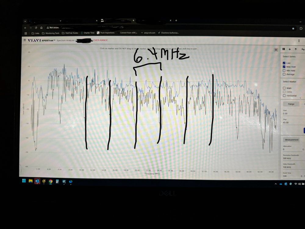 Shot of an upstream spectrum analyzer with severe distortions across the whole spectrum. So severe that it causes loss of upstream lock resulting in loss of service. 