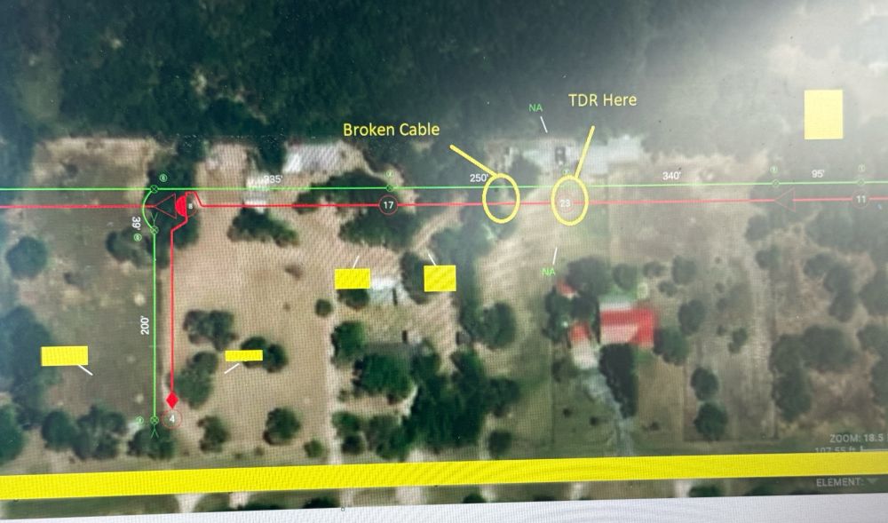 Picture of a cable plant map, circled out areas indicate the places I TDR’d the cable and were damaged cable was found. Other yellow boxes are redactions for the privacy of myself and the residents of the area. 