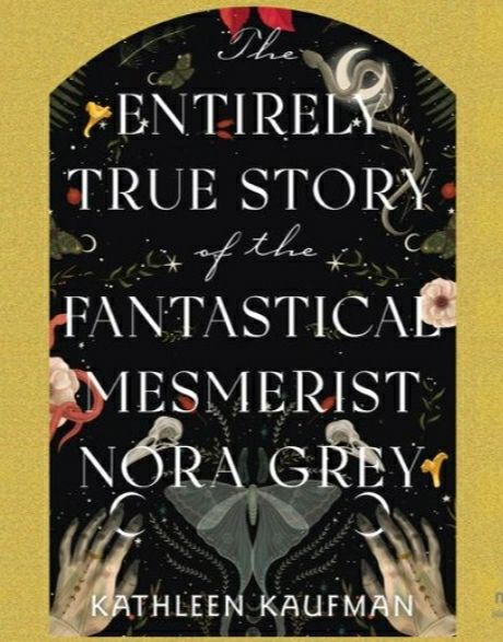 Book cover: a black headstone shape with the title and author and various small shapes: bony hands, moths, flowers, crescent moons or little circles, maybe a snake and a mouse 