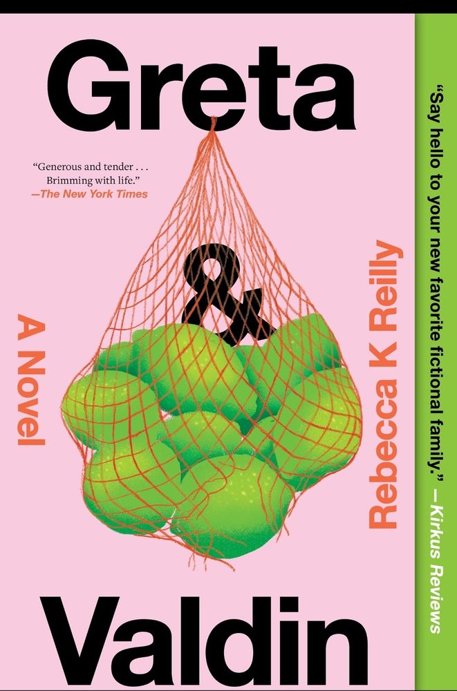 Book cover: the title in large black letters, author's name in red. Image of a red mesh bag full of limes, just breaking open. Background is pink. Two blurbs, from NYT and Kirkus, too small for me to read.